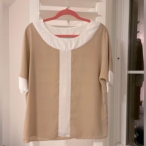 Tan and white loose fitting blouse